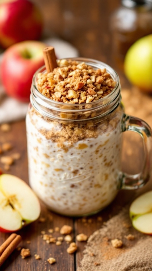 Jar of creamy Apple Cinnamon Streusel Overnight Oats topped with crunchy streusel, fresh apple slices beside it.